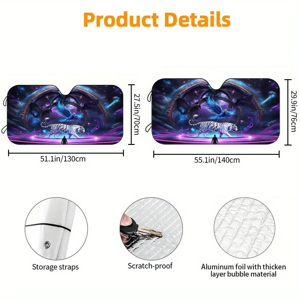 1pc Car Sunshade, Iridescent Dragon Tiger Beast Car Sun Visor, High-Definition Printed Sunshade, Easy To Install, Suitable For U