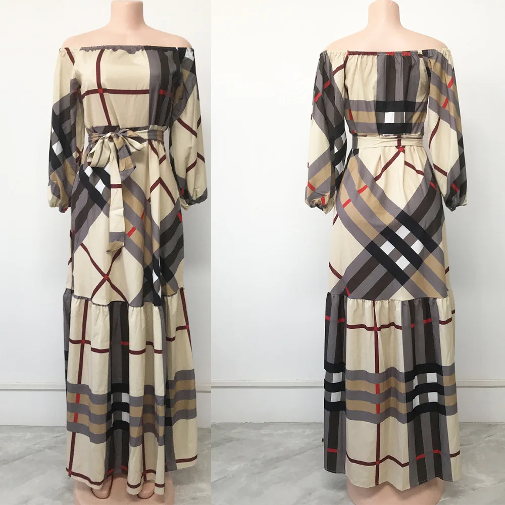 2024 Hot selling African women dresses Muslim plaid patterned square necked robes traditional Maxi clothing Nigerian long dresse