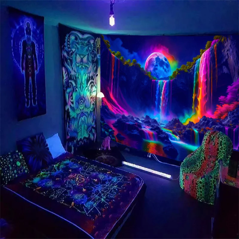 1pc Berg Wasserfall Regenbogen Wald fluor zieren den Wandteppich, Milchstraße natürliche Landschaft ultravioletten Schwarzlicht Wandteppich