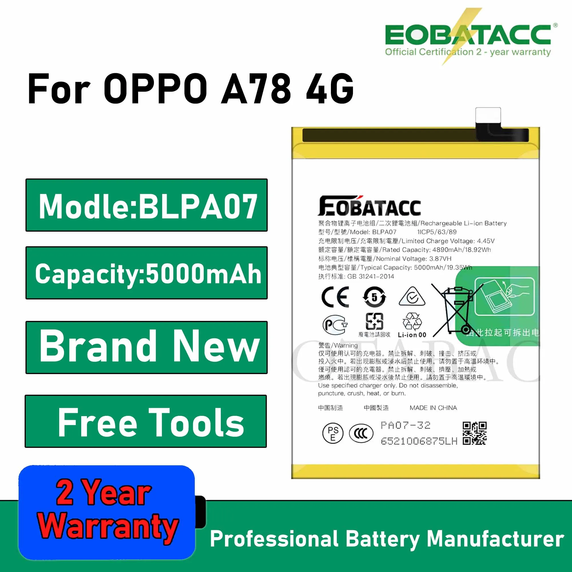 

2025 Years EOBATACC 100% New BLPA07 Battery For OPPO A78 4G 5000mAh Batteries+Free Tools