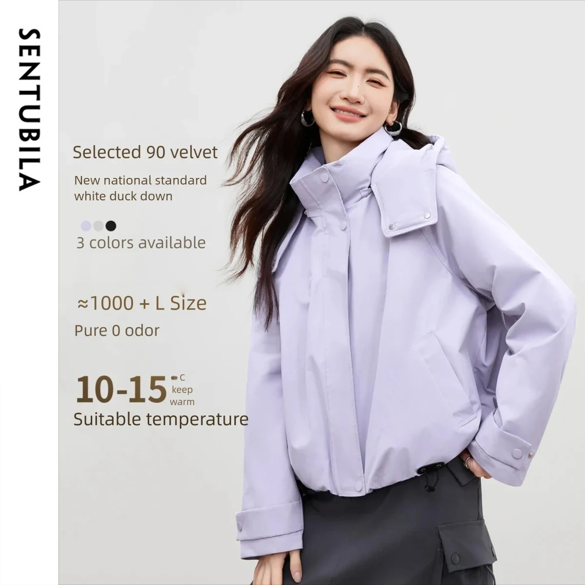

SENTUBILA Women's Hooded Down Jacket 2025 Removable Hood Drawstring Design Warm Lightweight Winter Short Down Coat W54YC1881