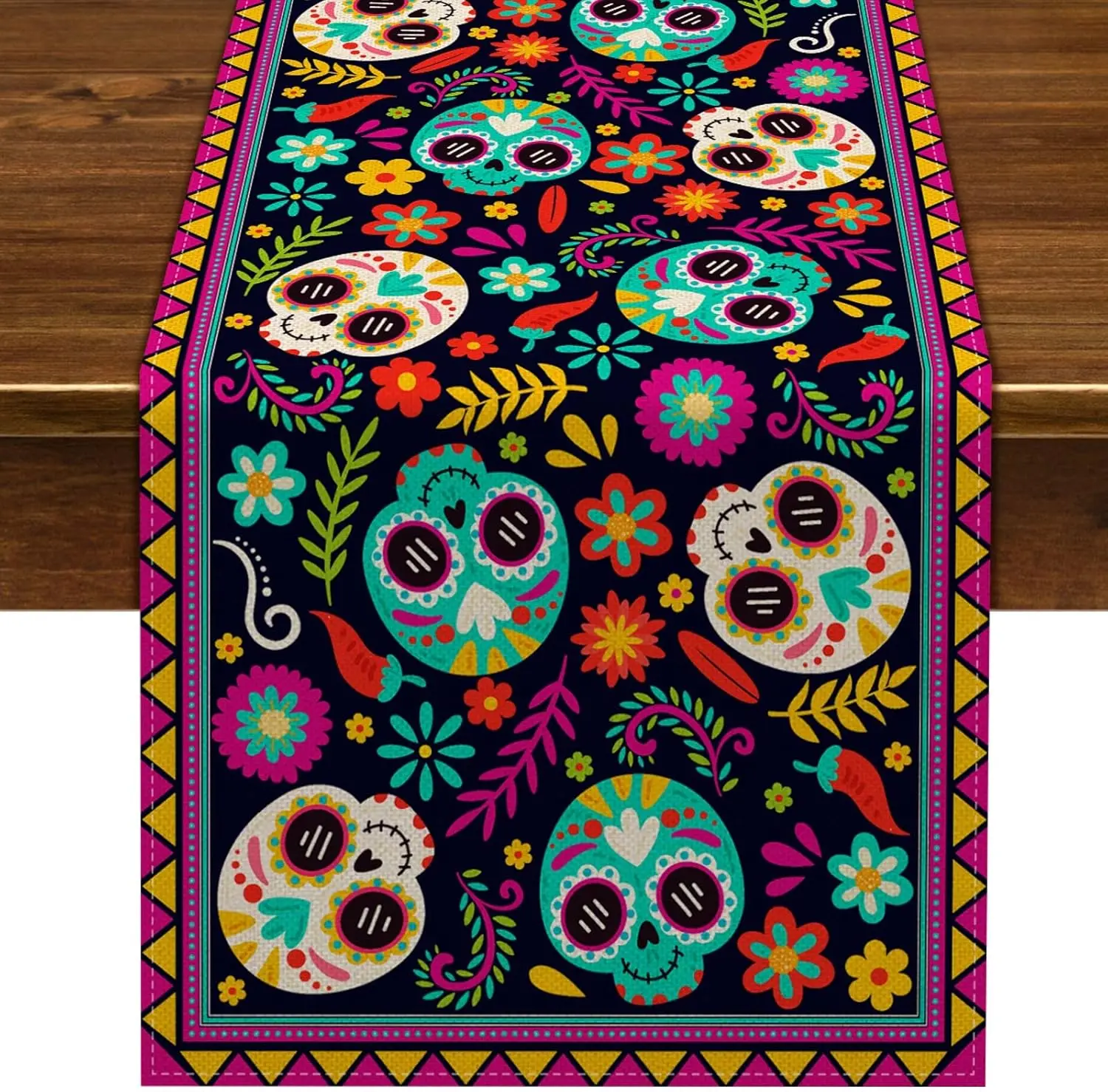 Mexican Day of The Dead Sugar Skull Linen Table Runner Fiesta Party Decor Dia De Los Muertos Table Runner Halloween Decoraitions