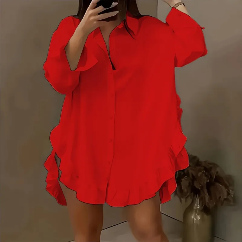 새로운 여성용 단색 셔츠 캐주얼 루즈 러플 밑단 셔츠 화이트 블랙