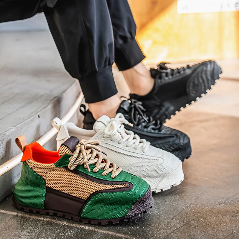 

Thick Sole Versatile Clunky Sneaker For Men 2023 New Trend Mesh Lace Up Breathable Casual Sports Shoes Increased Soft Soles