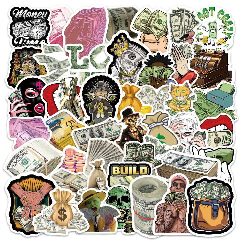 52Pcs Money Stickers Funny Graffiti Decoration Stickers Car Notebook Tablet Skateboard Stickers