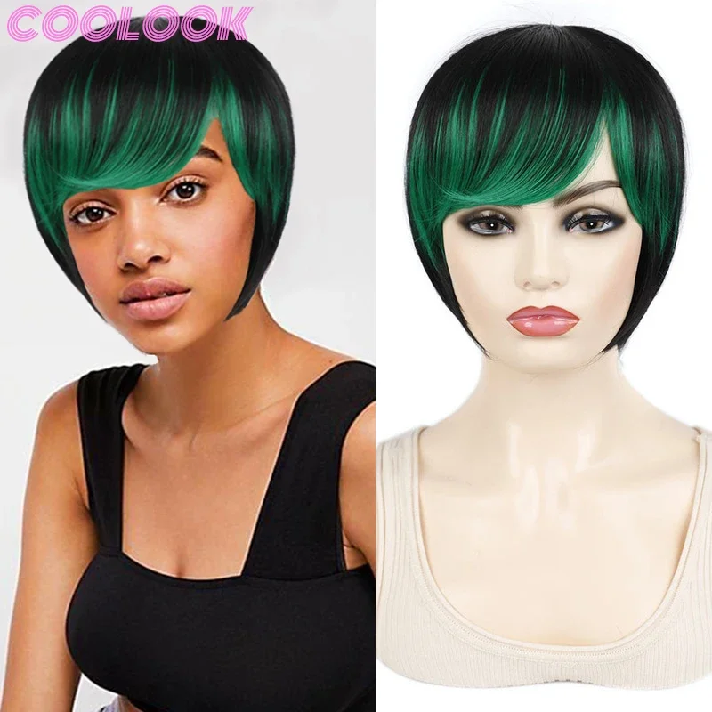 Ombre Green Short Straight Wigs with Side Bangs Pixie Cut Pink Wig for Black Women Synthetic 6'' Machine Made Wig Peruca Cosplay