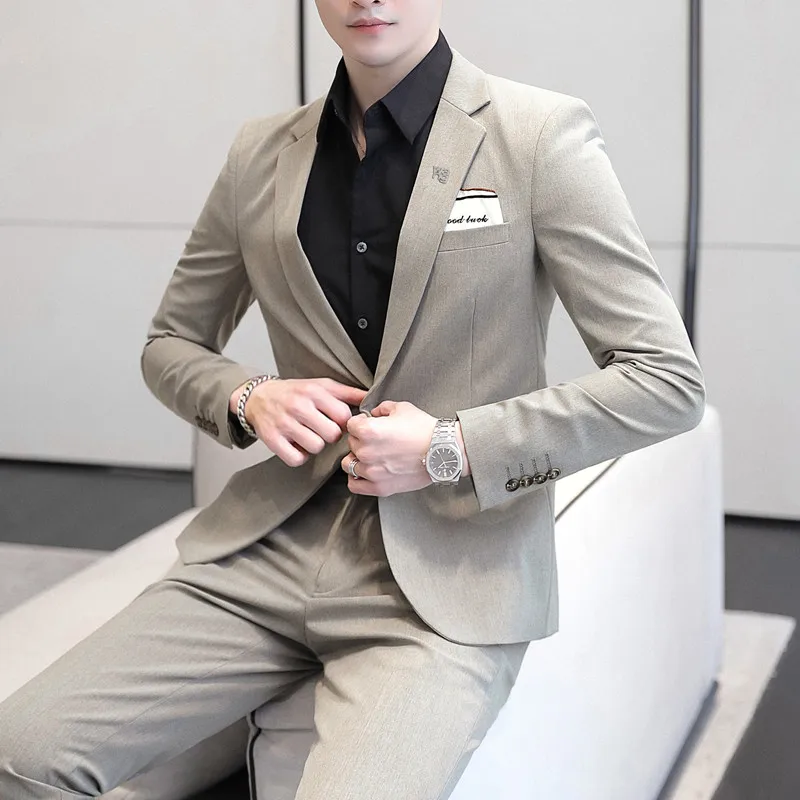 

2023 New Men's 5-color Korean Version Slim (suit + Trousers) Back Suit Two-piece Set Polyester Smart Casual Wedding Blaze