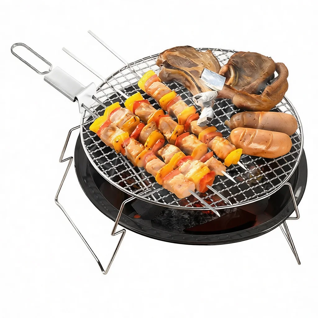 Robust Stainless Steel Barbecue Skewer Semi Automatic Pusher Double Prong Bbq Meat Forks Outdoor Grill Accessories