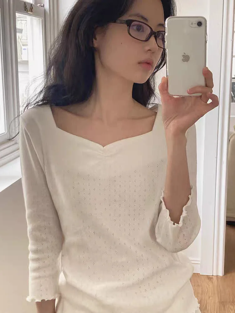 

Женская футболка Ele Hollow out Wood ain, повседневная футболка из чистого хлопка, осеннее новое поступление