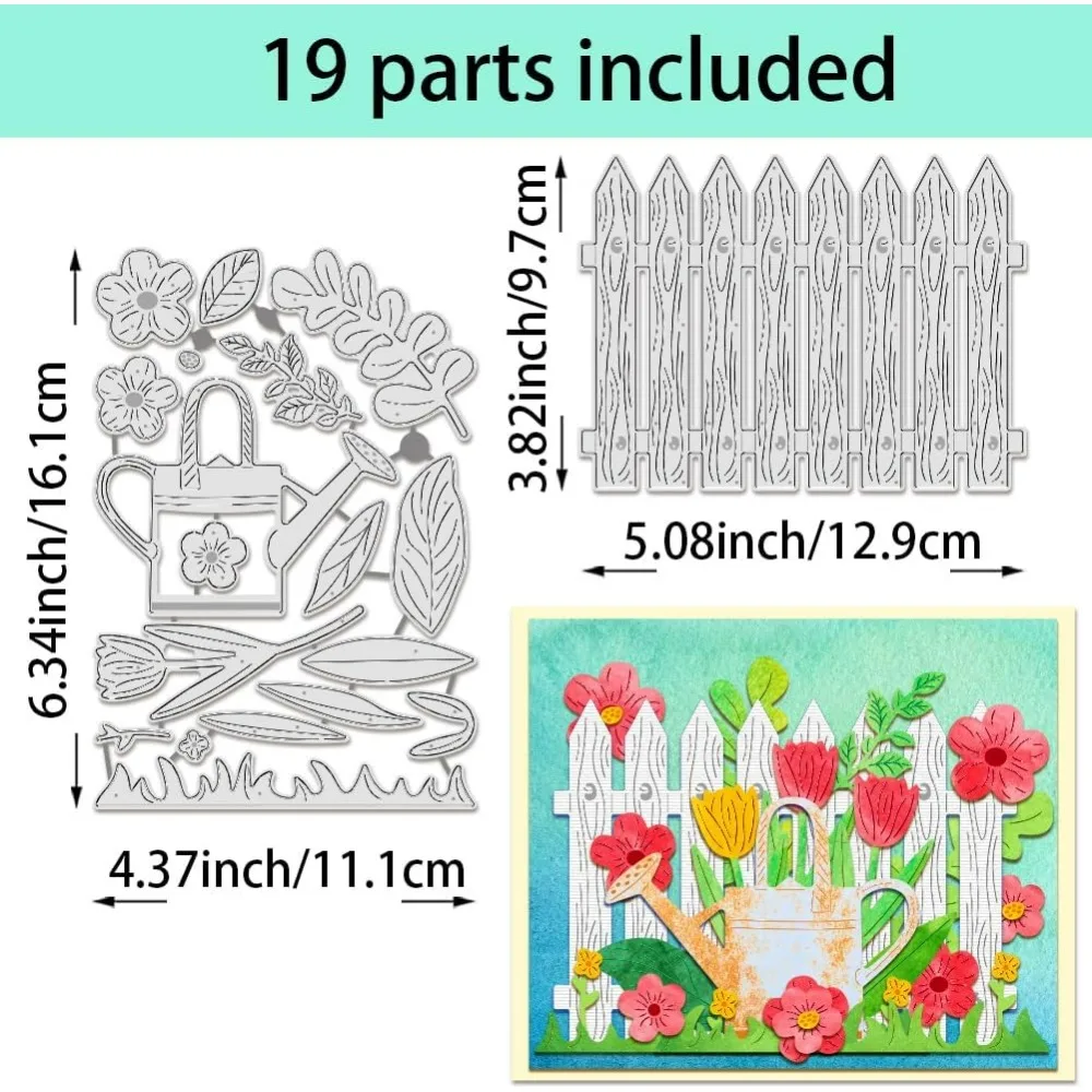 2pcs Garden Fence Cutting Dies, Flower Watering Can Embossing Stencils Die Cut for Paper Card Making Decoration DIY Scrapbooking