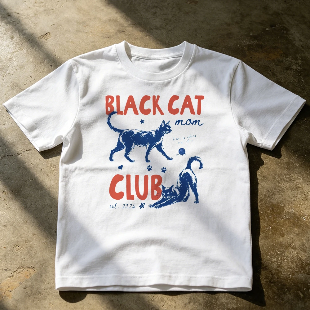 Retro Schwarze Katze Skizze Pfotenabdrücke Grafik T-Shirt Herren Cool Cat Mom Club Tee Trendiges Streetwear Top Urlaubs-Shirt