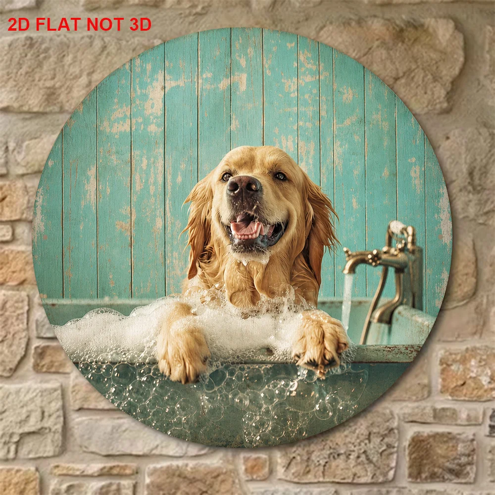 2D Flat, 1pc Vintage Golden Retriever Bathing Sign - Round Wall Decor Suitable for Bathroom, Pet Shop & Dog Wash Area, Retro Gol