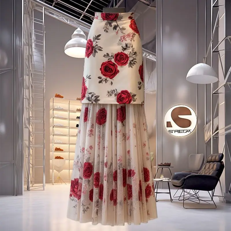 

2025 summer new large size hip long a-word women's summer long skirt pleated skirt summer