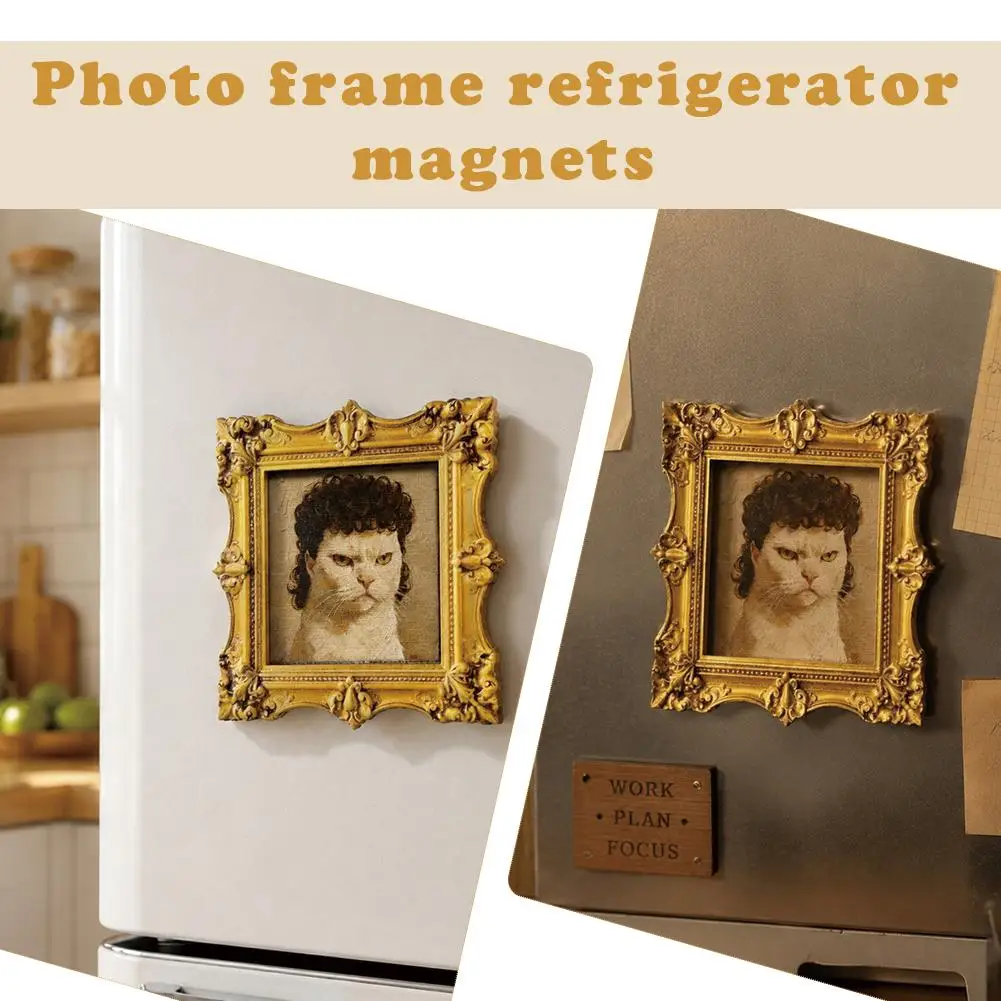 Vintage Baroque Frame Funny Curly Hair Cat Oil Painting Fridge Magnet, 8.5cm Animal Portrait Magnetic Sticker Note Photo Holder