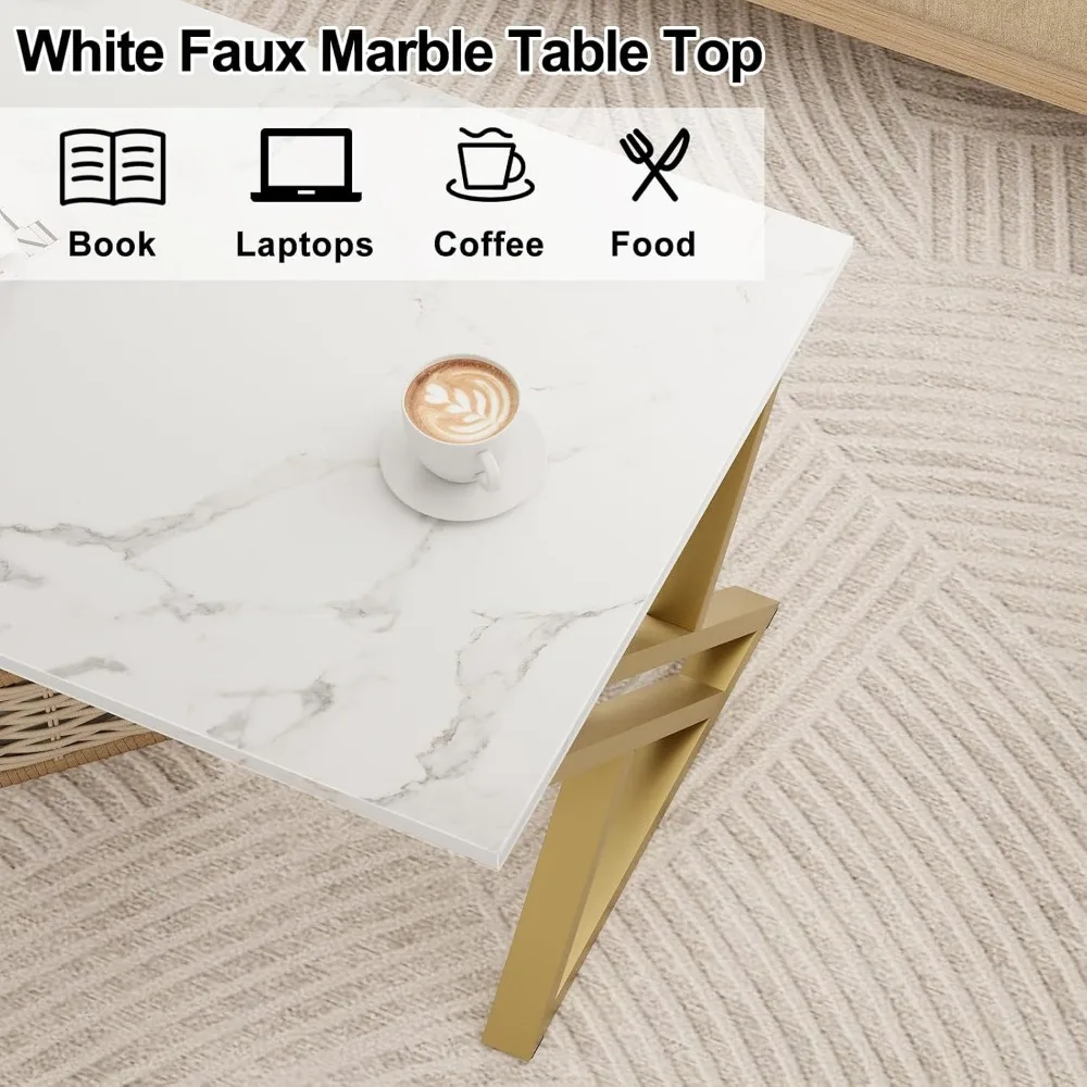 Faux Marble Coffee Table, Modern Rectangular Tea Table with Metal Frame for Living Room & Home Office