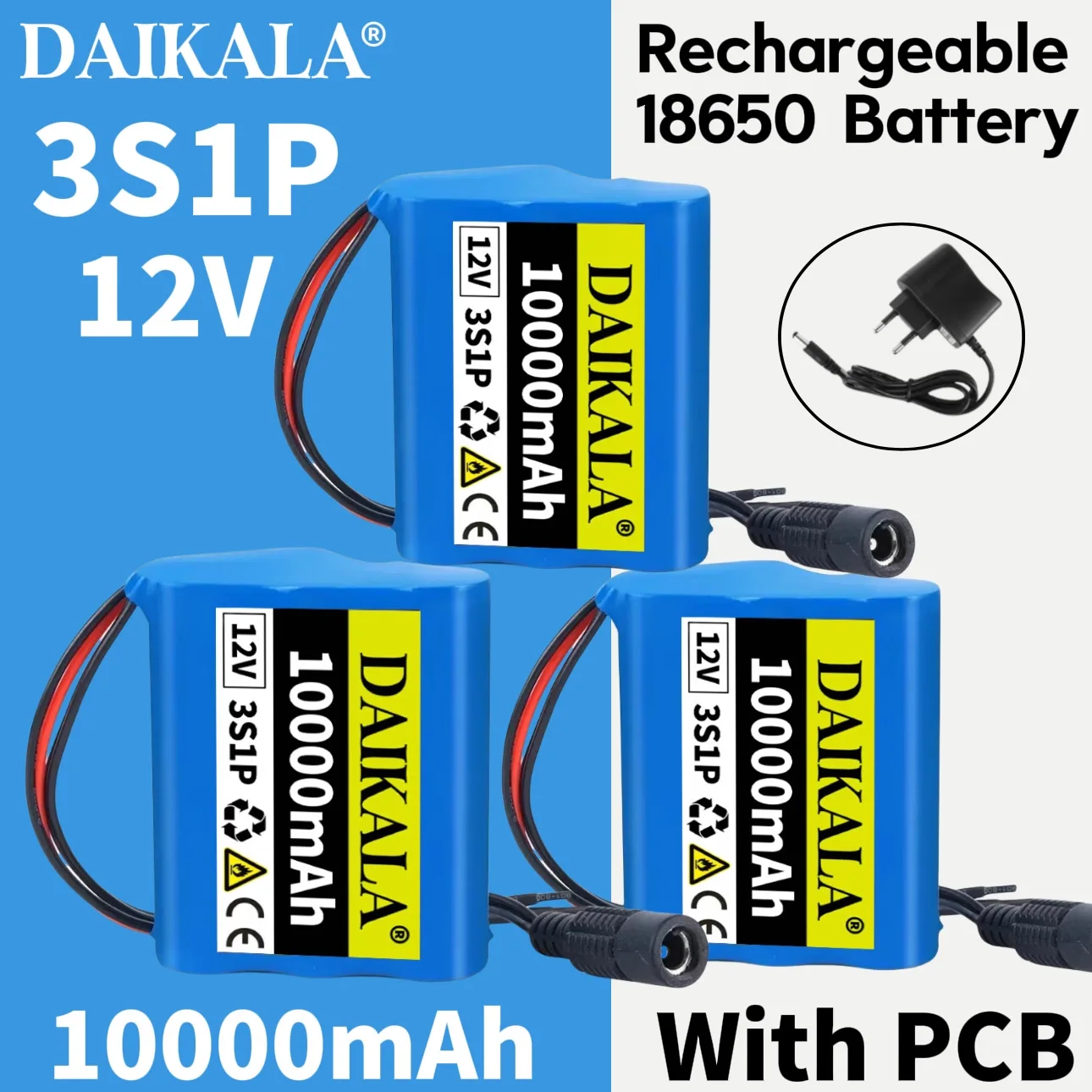 2024 New 3S1P 100000mAh Protection Plate12V 10Ah BatteryPack 18650 Lithium ion DC 12.6V Super Rechargeable Battery+12.6V Charger