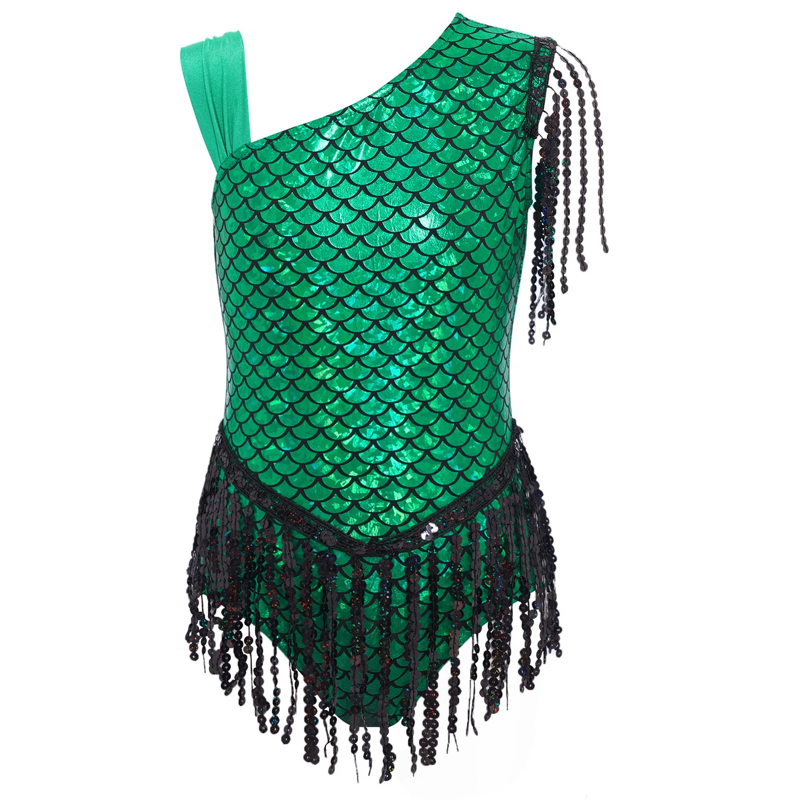 

Kids Girls Metallic Dance Leotard Sparkly Sequins Tassels Fish Scale Bowknot Back Bodysuit for Halloween Theme Party Cosplay
