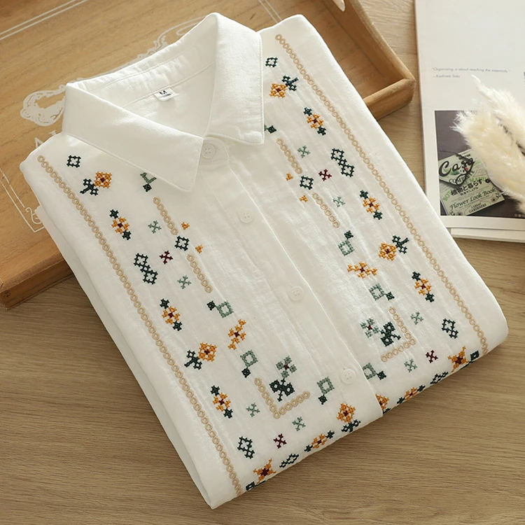 Women's white shirts long sleeve embroidery blouses autumn tops 100% cotton yarn blouse ethnic vintage clothing