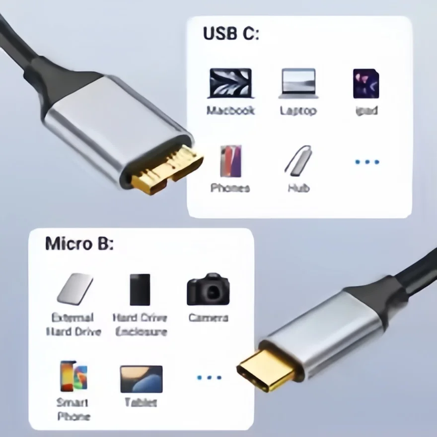 Cabo USB C para Micro B 3.0 (5 Gbps), Tipo C Macho para Micro B Fêmea, para Disco Rígido Externo/SSD (Toshiba,WD,Seagate), MacBook,Laptop