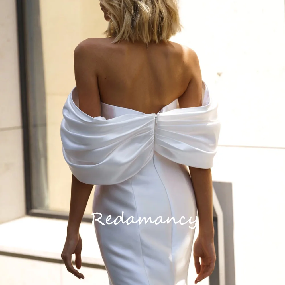 Redamancy Simple Off the Shoulder Satin Mermaid Wedding Dresses Side Split Short Sleeve vestidos de novia Bridal Gown 웨딩드레스