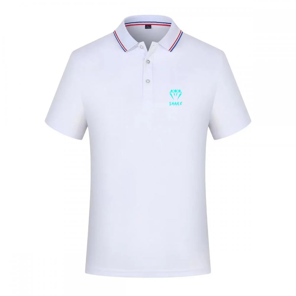 Men's Slim Fit Polo Shirt with Geometric Snake Logo, Ribbed Collar Striped Trim, Casual & Sports T-Shirt