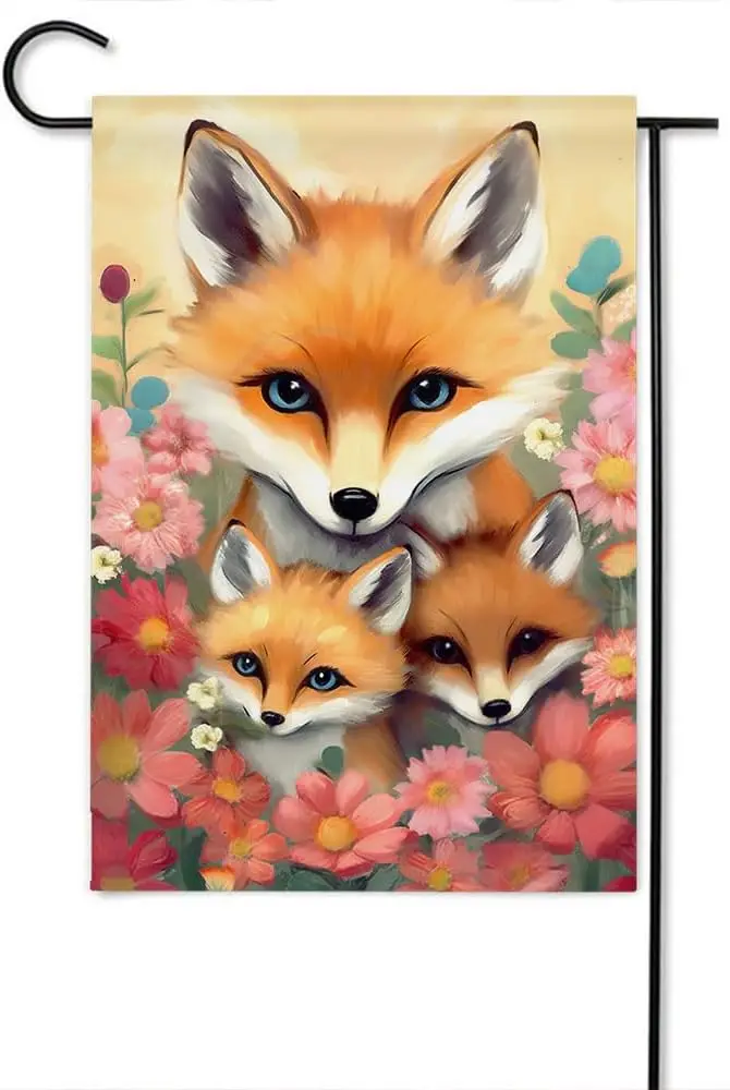 Gkyygk Garden Flag Fox Pink Flower 12x18 Double Sided Banners Yard Flag Welcome Seasonal Farmhouse Yard Outside Decoration jjp