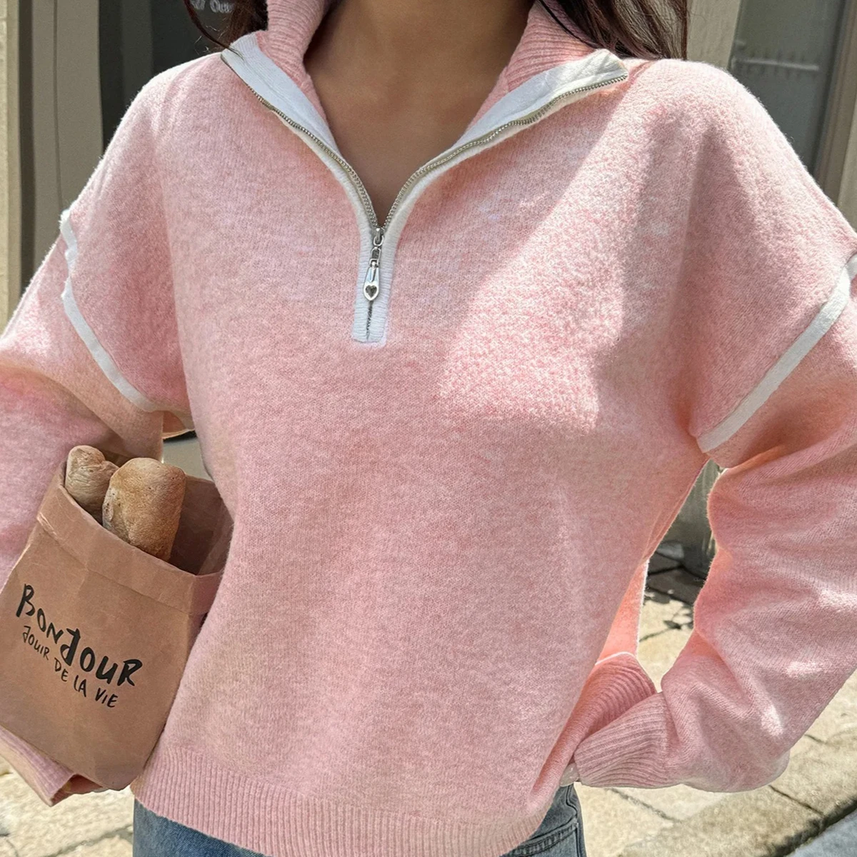 

ITOOLIN винтажный женский пуловер, топы, осенне-зимний модный повседневный однотонный женский свитер с длинными рукавами и отложным воротником на полумолнии