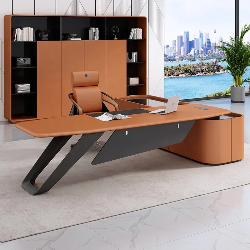 Modern Large Office Desk Light Luxury Orange Leather Boss President Desk with Wooden Extendable Feature Home Furniture