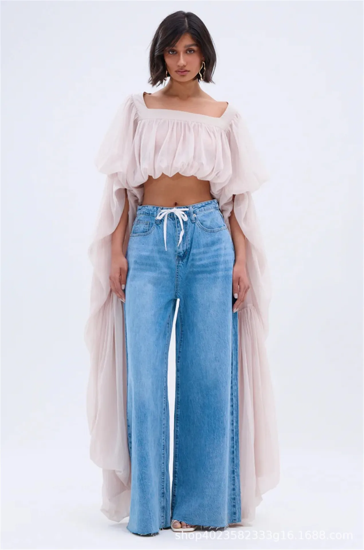 Square Neck Flowy Tunic Blouse Batwing Long Ruffle Maxi Cape Sleeve Loose Chiffon Blouse Women Boho Casual Elegant Flowy Shirt