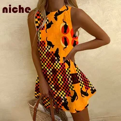 Ladies Sleeveless Dress Halloween Retro Kitten Graphic Print High Quality Cotton And Linen Fashion Trend New Beach Skirt