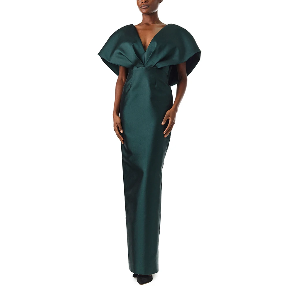

Green Satin Evening Dresses Column V Neck Backless Pleated Formal Party Gowns for Women 2025 Cape Sleeves Elegant Prom Gown Maxi