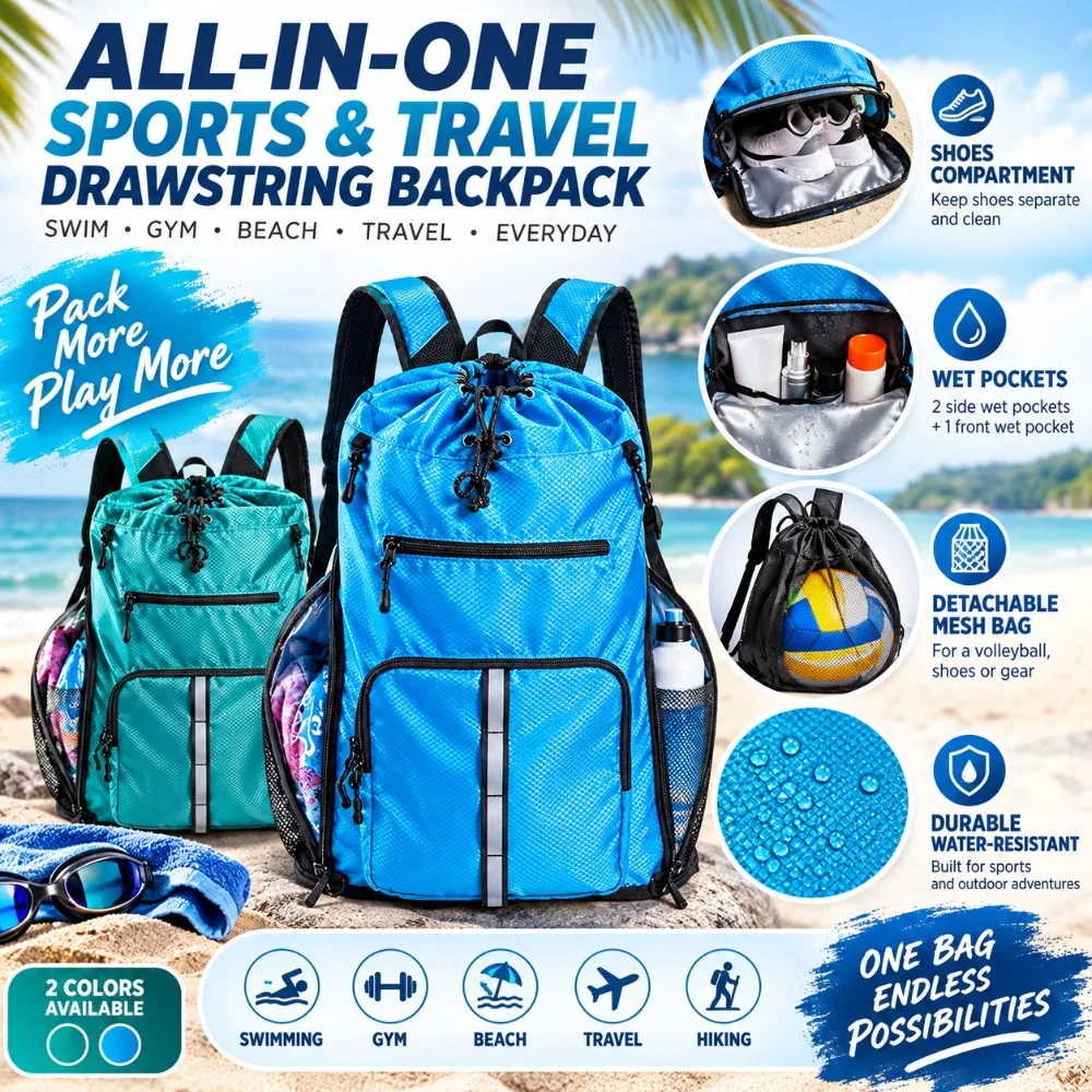 Water Resistant Beach Backpack Wet-Proof Pockets Shoe Compartment Swim Gear Carrier Adjustable Straps Detachable Mesh Bag