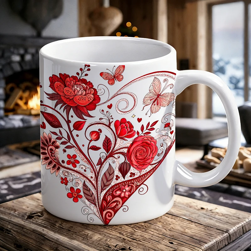 

1PCS Red Rose Heart Pattern Ceramic Cup, Coffee Cup, Milk Cup, Office Tea Cup, Drinking Cup, Fade-Resistant, Gift for Friends