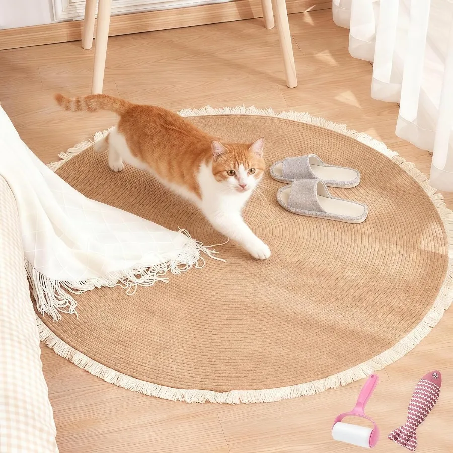 

Cotton Rope Area Rug for Cats Cat Scratching Rug Washable Round Vintage Reversible Woven Tassel Rug Soft and Stylish Home Accen