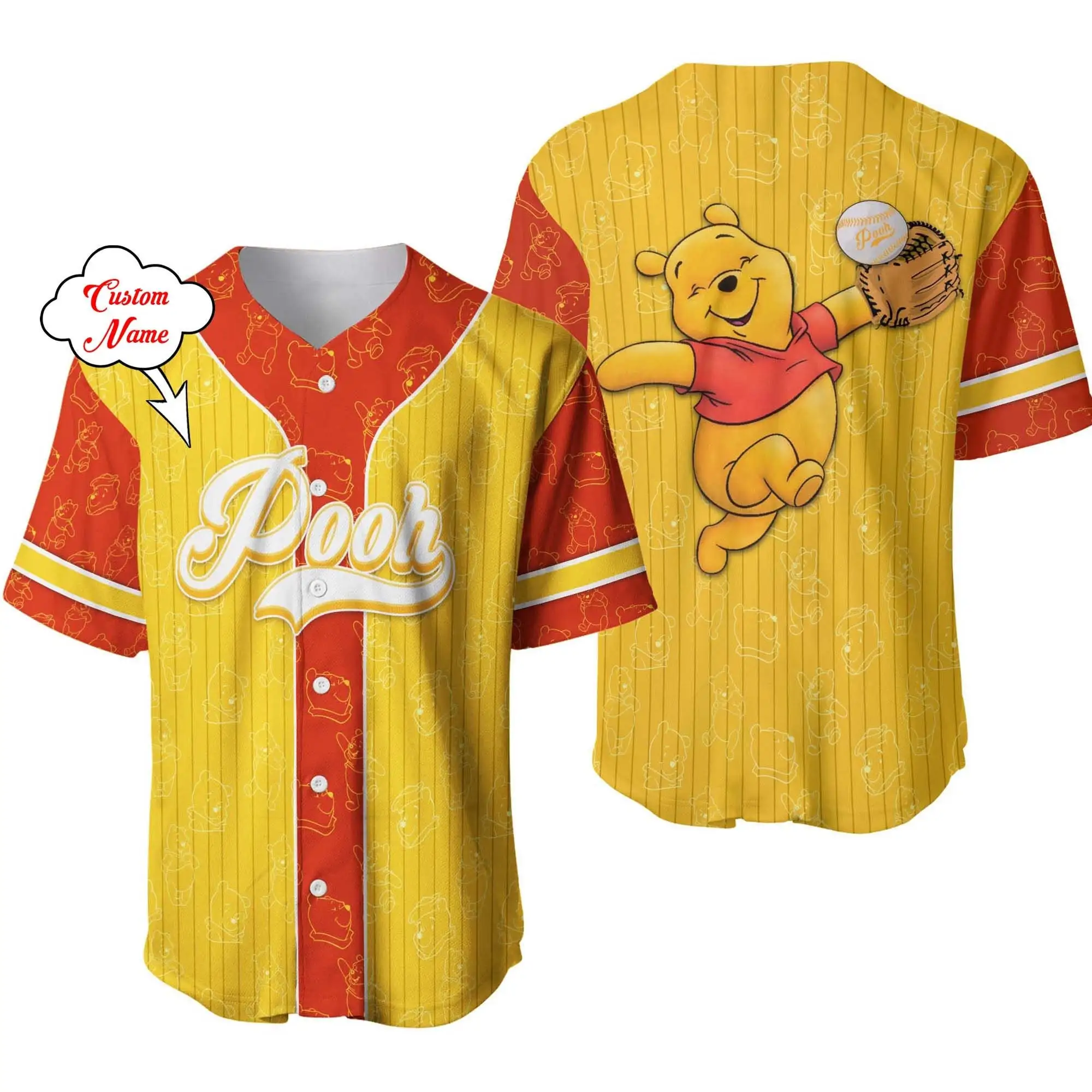 Winnie The Pooh Yellow Black Disney Custom Baseball  shirt Disney 3D T-shirt