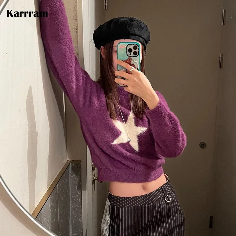 Karrram Y2k Aesthetics Cropped Sweater Grunge Star Mohair Pullover Harajuku E-girl Jumpers 2000s Korean Fashion Designer Clothes