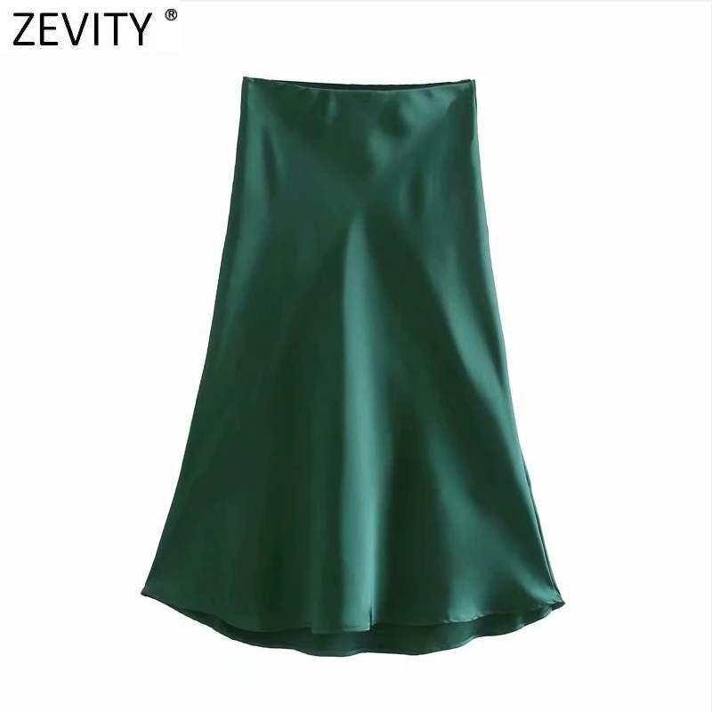 Zevity 2021 Elegant Women French Style Solid Color Soft Satin A Line Skirt Faldas Mujer Female Casual Summer Midi Skirts QUN820