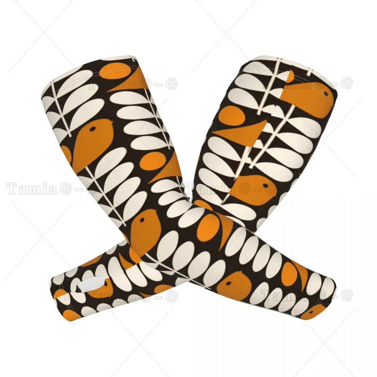 Custom Orla Kiely Scandi Sports Compression Arm Sleeves Warmer Black White Orange Multistem Birds UV Protection Tattoo Cover Up