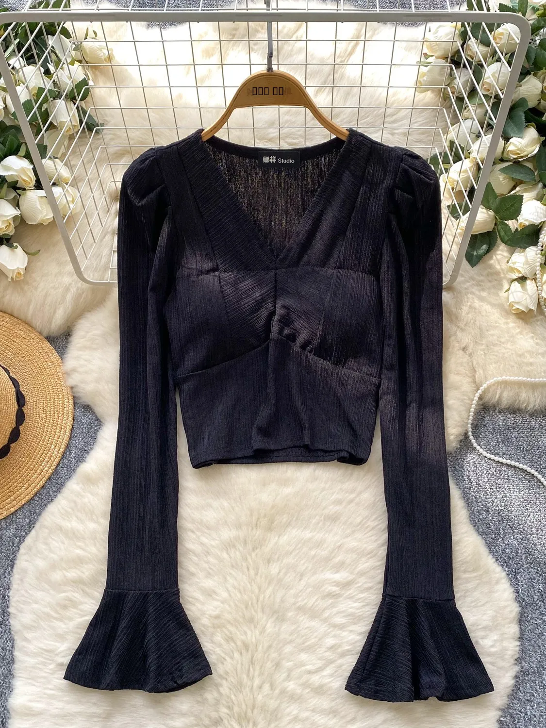 Ele ort V-ne Bell Sve irt Damen Faionable Court Sle irt Polyesterfaser Lockere Passform Atmungsaktiv Hautfreundlich