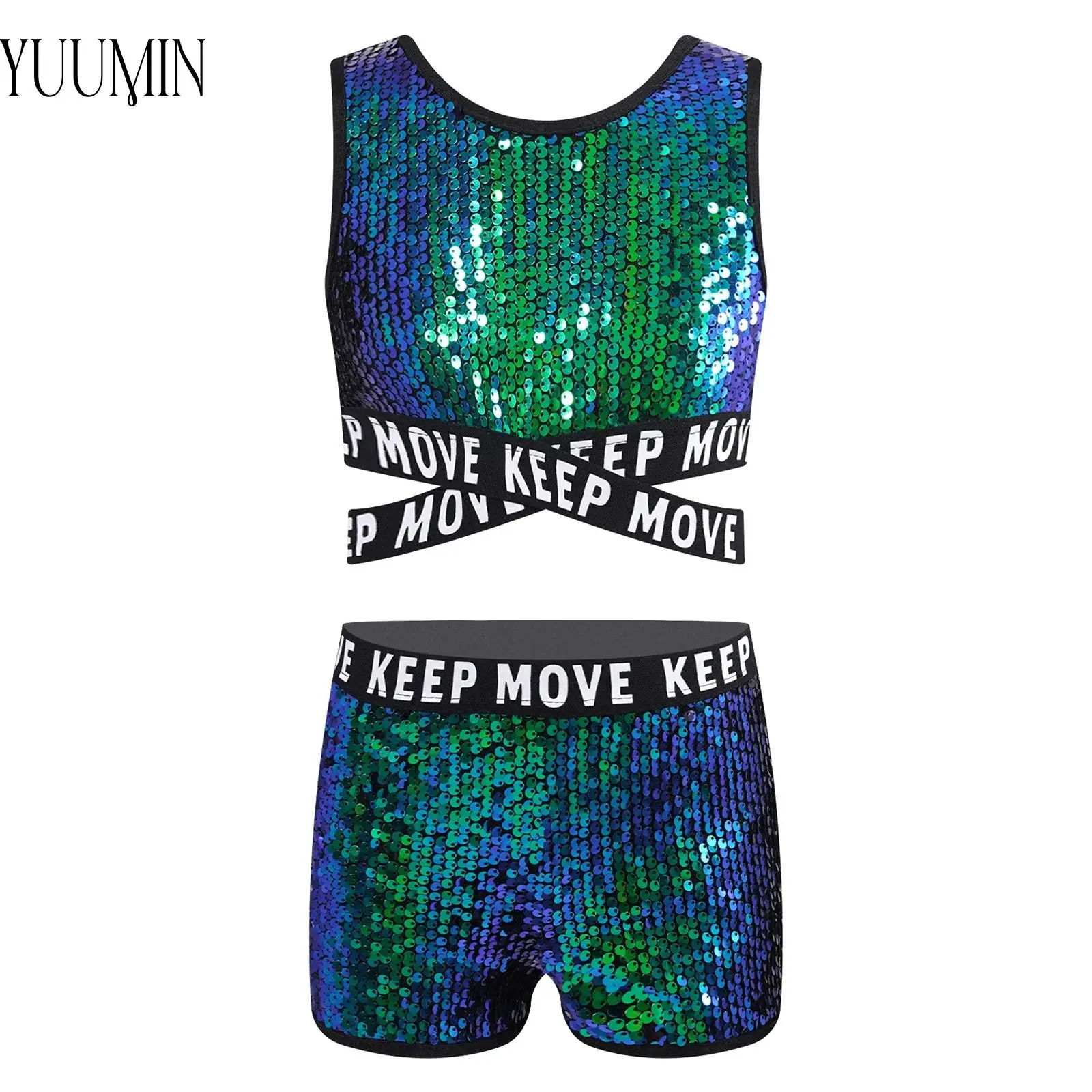 

Kid Girls Sparkly Sequins Sports Outfits Jazz Dance Gymnastics Workout Outfits Sleeveless Letter Print Crop Top with Shorts Set