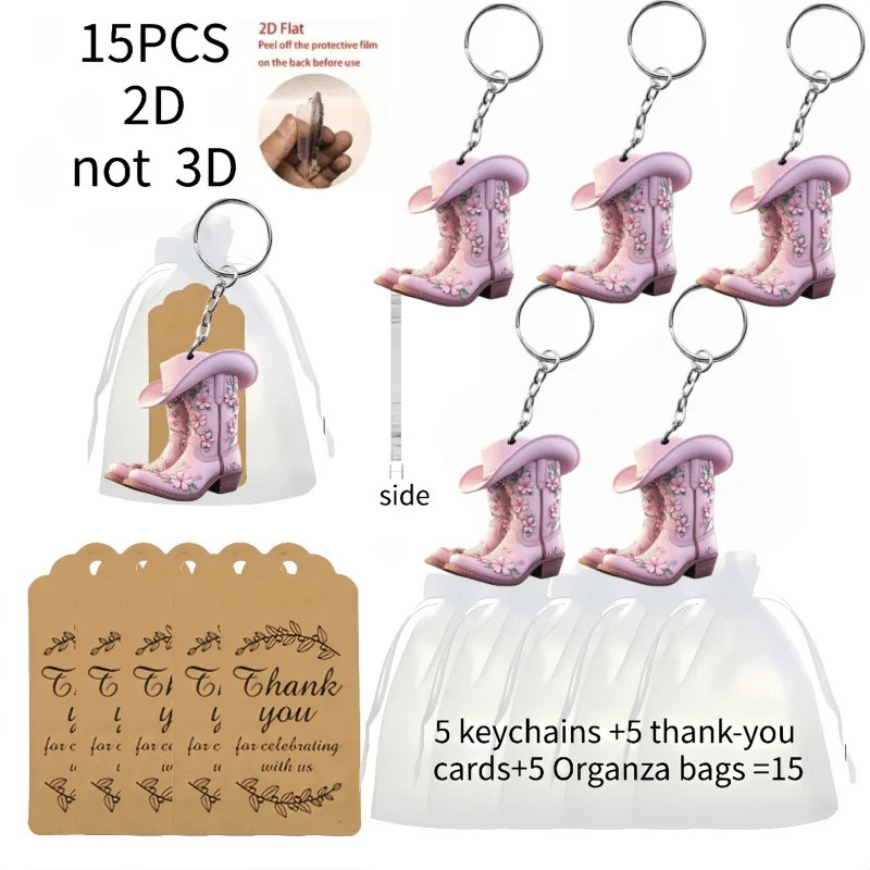 5sets Pink Denim Boots Keychains Includes 2D Acrylic Pendants & Thank You Cards & Organza Bags Promotional Gifts For Women Lady
