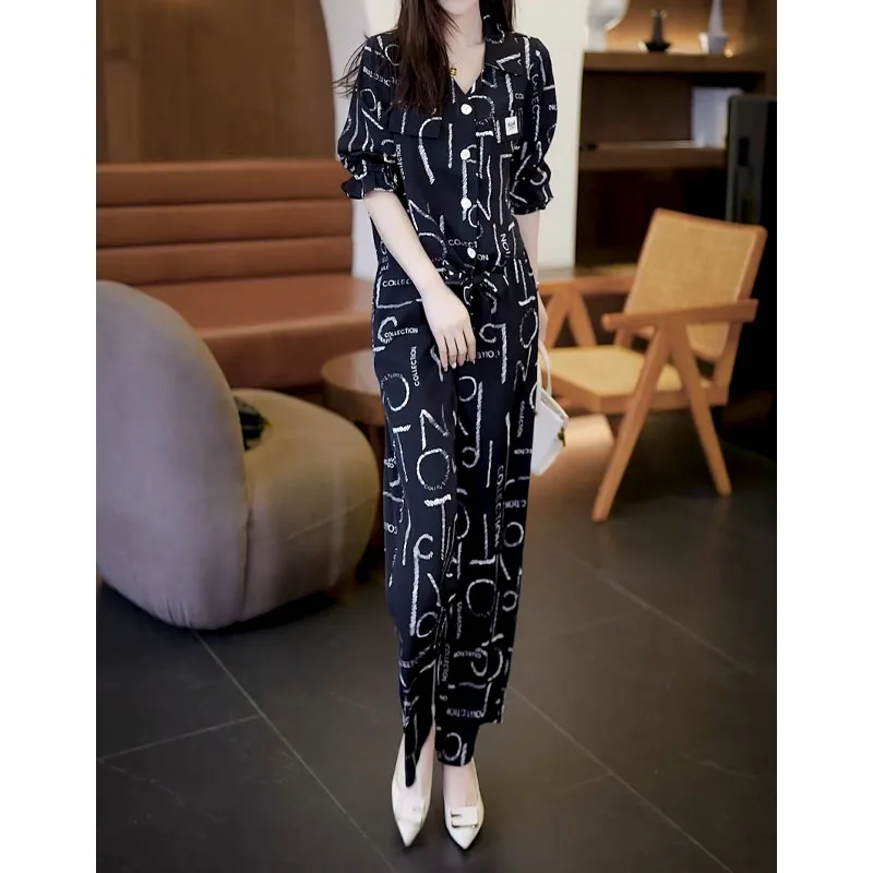 Female Casual Printed Pant Sets 2023 Summer Women\'s Clothing Button Fashion Korean Lace Up High Waist Trousers Two Piece Set