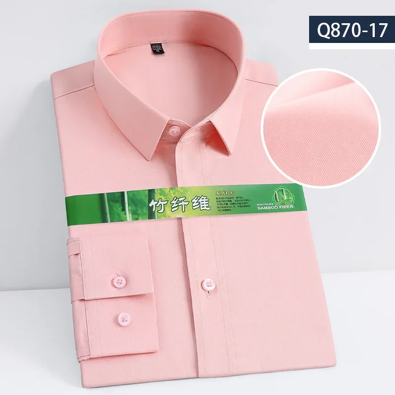 Camisas de vestir de negocios informales para hombres, camisas de manga larga inteligentes sin arrugas de hierro, fibra de bambú de Color sólido,