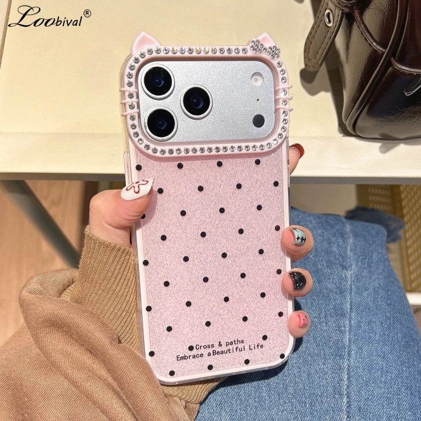 Niedliche Katzenohren Glitzer Diamant Polka Dots Hülle für iPhone 16 17 Pro Max Air 15 14 Plus 11 12 13 Wellenpunkt Bling Cartoon Cover