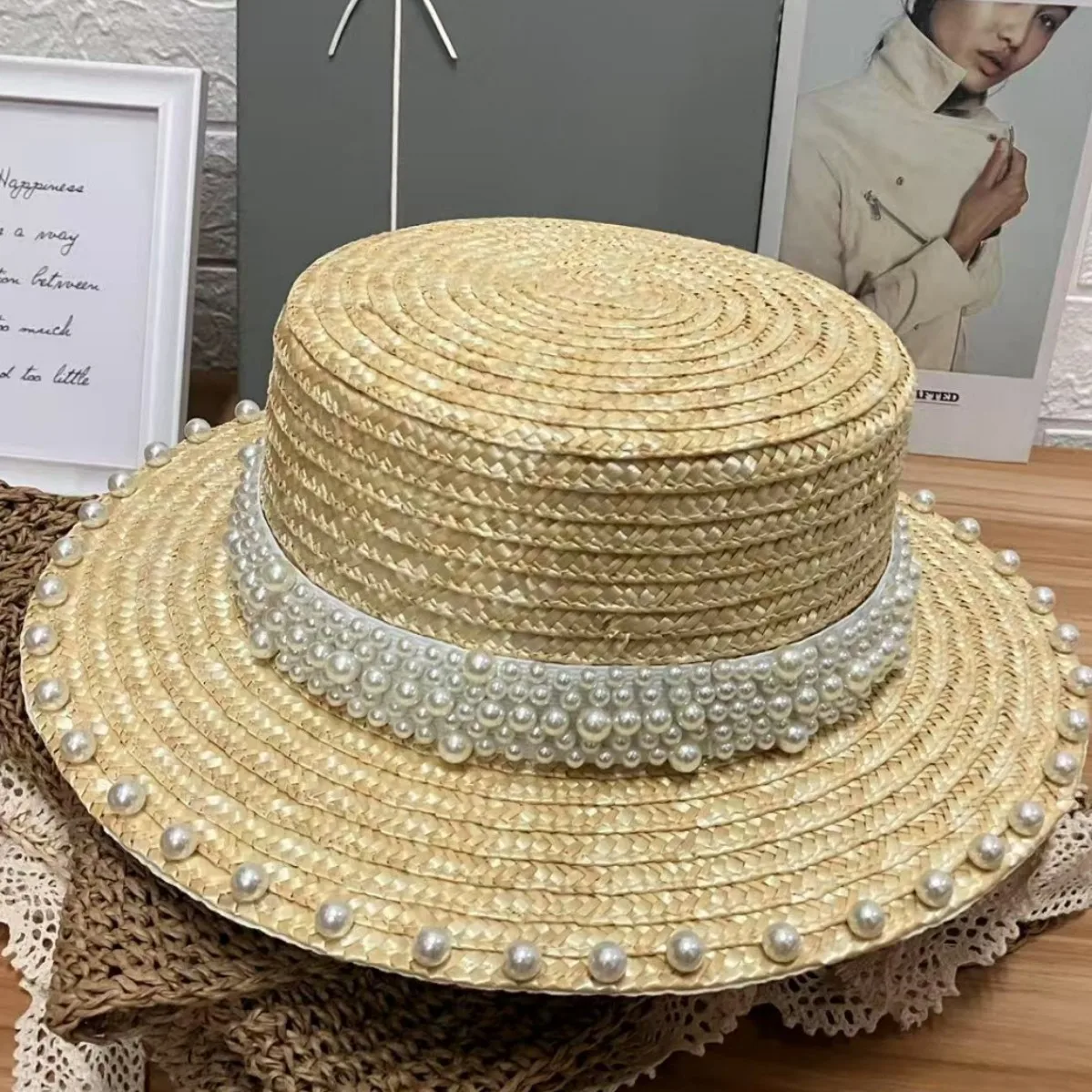 chapeu-de-palha-japones-popular-com-perolas-chapeu-de-sol-de-topo-plano-para-mulheres-chapeu-de-verao-para-ferias-na-praia-e-atividades-ao-ar-livre