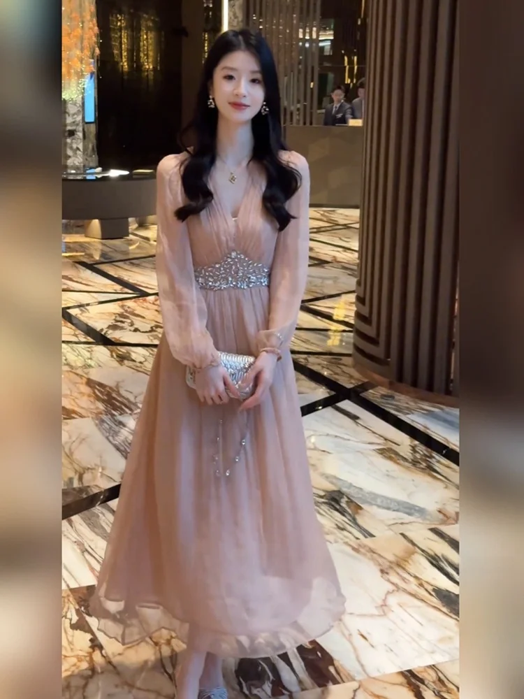 

Ele V-ne Diamond Embedded Long Dr Women's plus Size Summer Slimming Beautiful Straight Cut Polyester Fiber Dr