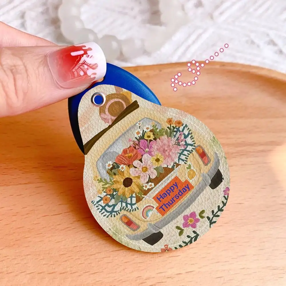 Pink Flower Market Vase Floral Plant Cute Keychain Access Card Bag Key Tag Ring Leather Card Holder Keychain Key Ring Lock Tags