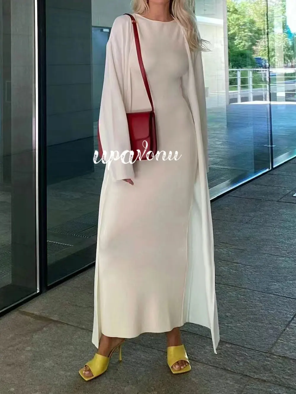 Women's Knitted Long Dress Sets with Polo Collar Long Sleeves Waistband Tie up Cardigan Long Coat+Sleeveless Dress Two Piece Set