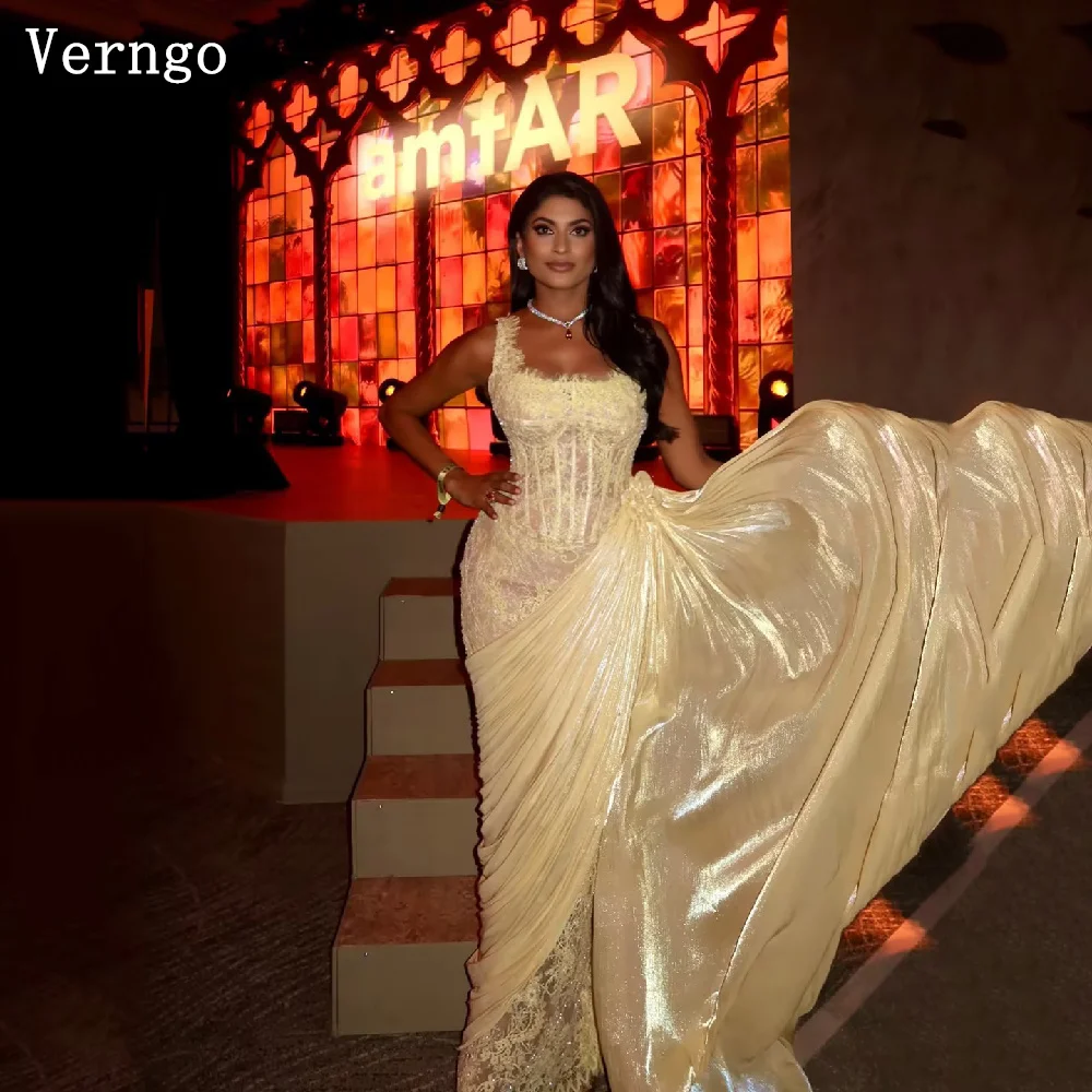 Verngo Yellow Shiny Silk Prom Dresses Luxury Spagetti Straps Mermaid Lace Bone Evening Dress Side Slit Party Dress Customized