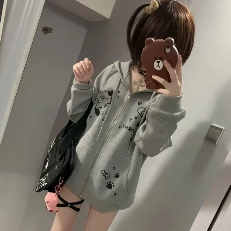 Harajuku Gray Cat Ears Hoodie Coat Women Autumn Winter New Mid-length Loose Sweatshirts Y2k Long Sleeve Zipper Tops Mujer